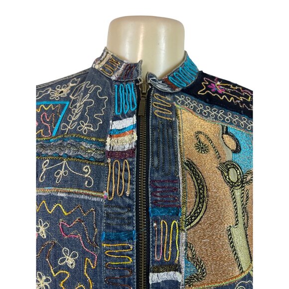 Chicos Womens Embroidered Denim Vest Multicolor Zip Front Sleeveless Sz 2 - Picture 4 of 6